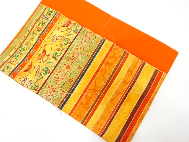 JAPANESE KIMONO / UNUSED NAGOYA OBI / SILK / KINSAI / TSUMUGI / STRIPE & FLOWERS & BIRDS PATTERN